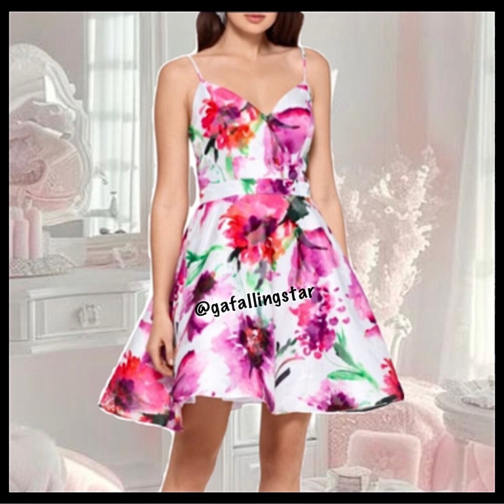 Xscape Open Back Watercolor Blossom Formal Dress